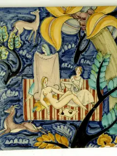 Manifattura Cantagalli, Piastrella quadrata, 1930ca., maiolica policroma, Civiche raccolte d'arte applicata, Castello Sforzesco, Milano
