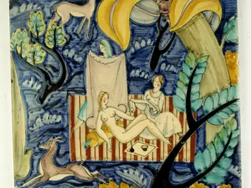 Manifattura Cantagalli, Piastrella quadrata, 1930ca., maiolica policroma, Civiche raccolte d'arte applicata, Castello Sforzesco, Milano